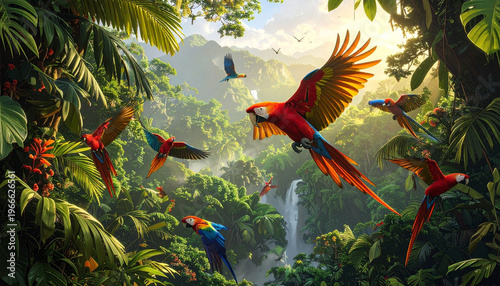 Cute vector illustration of a colorful macaw parrot with a yellow beak perched on a green tropical tree branch in a wild jungle forest nature background
