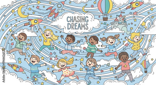 Childrens Dreams Illustration with Kids and Hot Air Balloon.