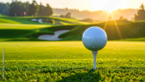 A white golf ball sits on a tee and the green grass of a summer fairway under a blue sky, ready for a game of sport and leisure on the outdoor course