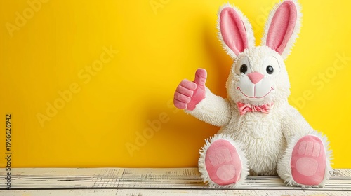 Cheerful easter bunny mascot costume character in a happy pose on bright yellow background