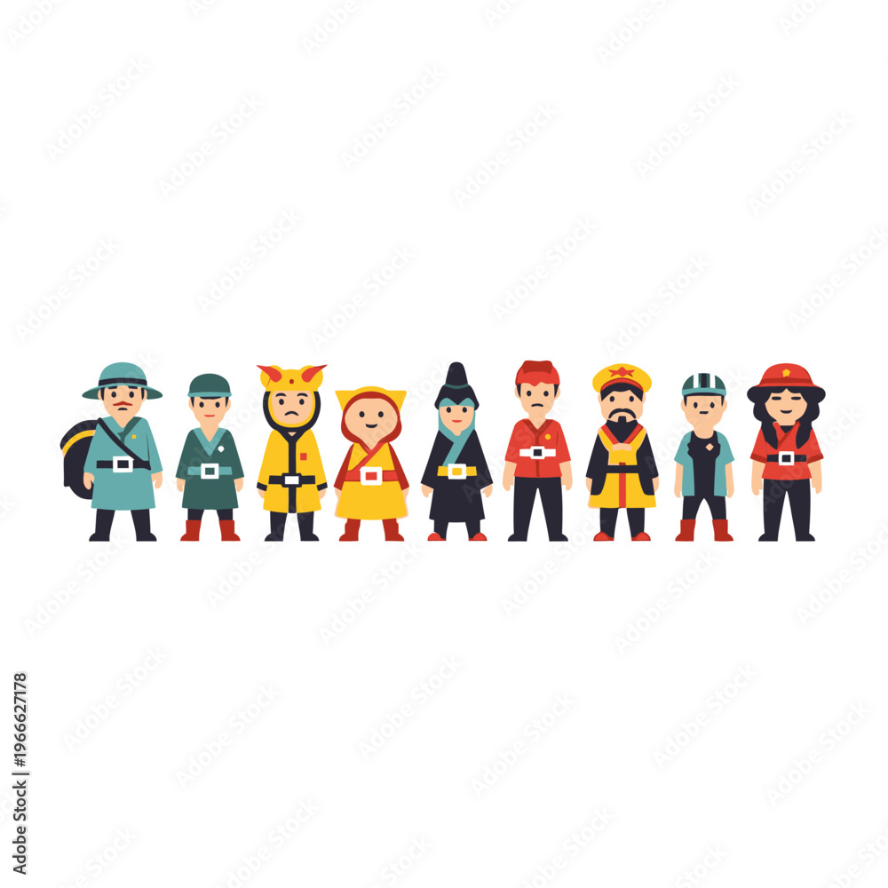Fototapeta premium Diverse Pixel Art Characters in Traditional and Modern Outfits