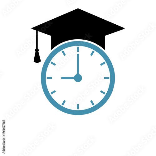Graduation time concept with graduation hat and clock symbolizing achievement, deadline, and academic success