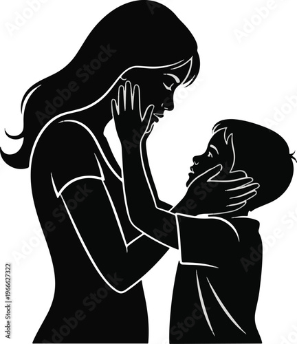 Mother and son touching faces in affectionate silhouette design.