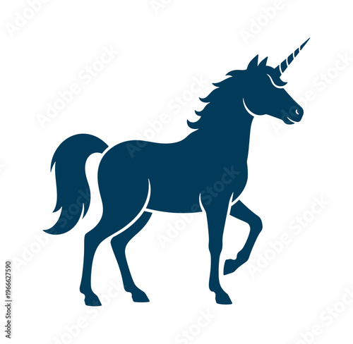 unicorn silhouette dark blue mythical horse with single horn on white