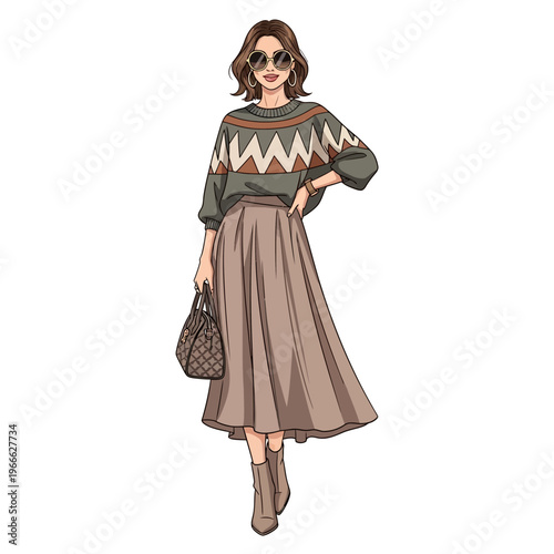 Fashionable Woman in Sweater and Midi Skirt, Stylish Autumn Outfit with Handbag and Boots