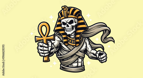 Ancient Egyptian Mummy Skeleton with Ankh Symbol.