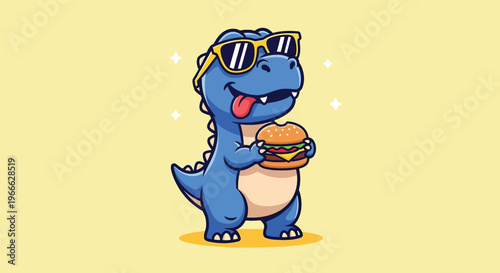 Cool Blue Dinosaur Wearing Sunglasses Eating a Delicious Burger.