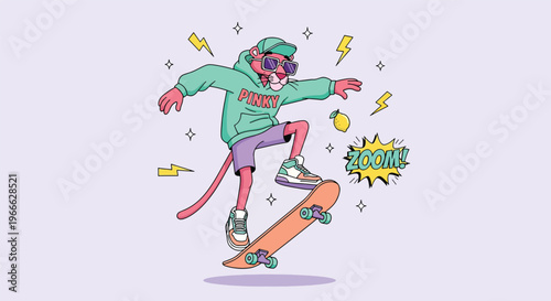 Cool Cat Character Riding a Skateboard with Lightning Bolts.
