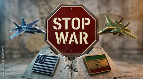 stop war concept with military jets and national flags on rocks between iran and israel