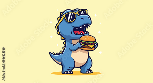 Cool Dinosaur Eating Burger Cartoon Vector Illustration.