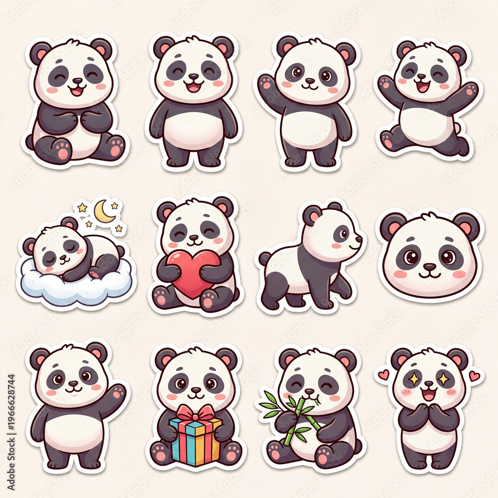 Obraz premium Cute Panda Character Sticker Pack with 12 Playful Black and White Animal Designs for Branding, Planner and Packaging Us