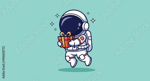 Cute astronaut character floating and holding a gift box.