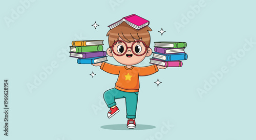 Cute Boy Balancing Stack of Books on Head and Arms.