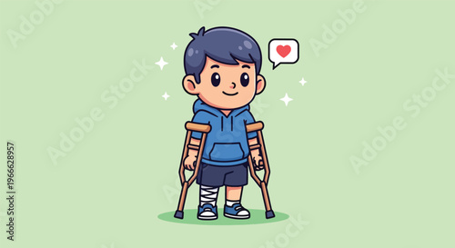 Cute Boy with Broken Leg and Crutches Cartoon Vector Illustration.