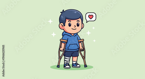 Cute Boy with Crutches and Heart Icon.