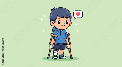Cute Boy with Broken Leg and Crutches Illustration.