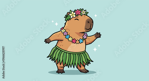 Cute Capybara Dancing Hula with Flower Lei and Grass Skirt Vector.