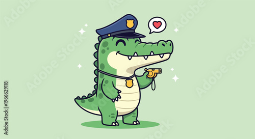 Cute Cartoon Alligator Police Officer Whistling with Heart Icon.