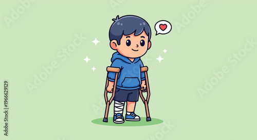 Cute Cartoon Boy with Broken Leg and Crutches.