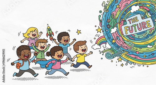Children running towards a bright future with hope and excitement.