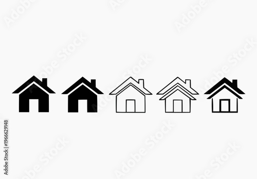 Set of minimalist house icons, real estate home symbols in black and white line art.