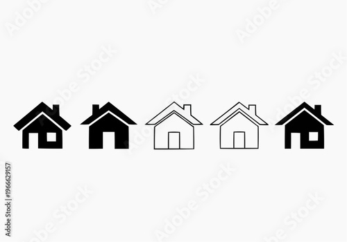 Set of minimalist house icons, real estate home symbols in black and white line art.