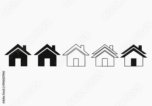 Set of minimalist house icons, real estate home symbols in black and white line art.