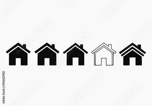Set of minimalist house icons, real estate home symbols in black and white line art.