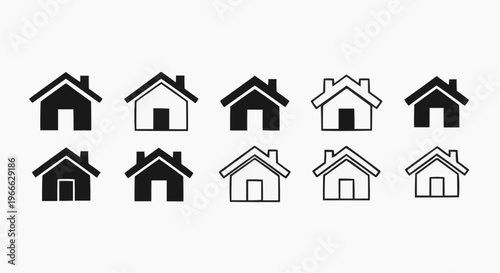 Set of minimalist house icons, real estate home symbols in black and white line art.