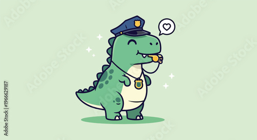Cute cartoon dinosaur police officer blowing whistle.