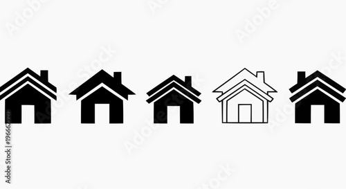 Set of minimalist house icons, real estate home symbols in black and white line art.