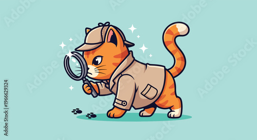 Cute Detective Cat Investigating with Magnifying Glass.