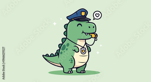 Cute Dinosaur Police Officer Blowing Whistle Illustration.
