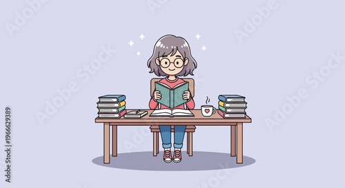 Cute Girl Studying and Reading Books at Desk.
