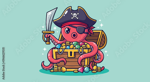 Cute Octopus Pirate with Treasure Chest Cartoon Illustration.