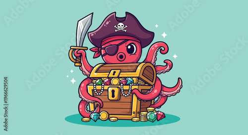 Cute Octopus Pirate with Treasure Chest Cartoon Vector Illustration.