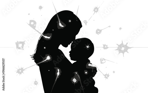 A mother and child silhouette with bullet holes, depicting violence and the need for protection and safety.