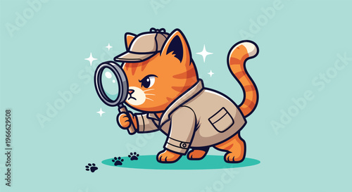 Cute Orange Cat Detective with Magnifying Glass Investigating Paw Prints.