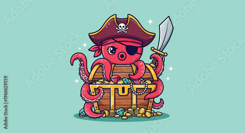 Cute pirate octopus with sword and treasure chest.