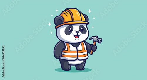 Cute Panda Wearing Construction Hat and Vest Holding Hammer.