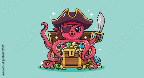 Cute Pirate Octopus with Treasure Chest Cartoon Illustration.