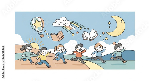 Children Running Towards a Magical Dreamscape of Books and Imagination.