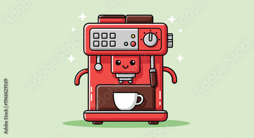 Cute Red Espresso Machine Character with Coffee Cup.