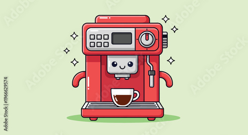 Bild auf Leinwand Cute Red Espresso Machine Character Serving Fresh Coffee.