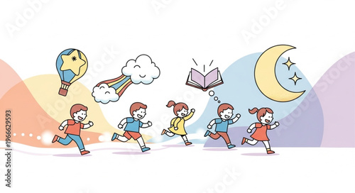 Children Running Towards Dreamlike Elements Under a Crescent Moon.