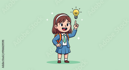 Cute school girl with a bright idea light bulb above her head.
