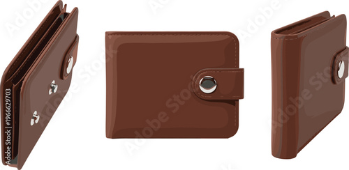 Brown leather wallet with snap button closure shown from multiple angles, compact design for cash, cards and personal belongings