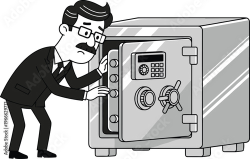 Cartoon-style illustration of person in suit cautiously opening large safe with keypad and combination dials, symbolizing secrecy and security