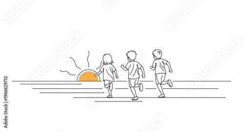 Children running towards the sunrise on the beach.