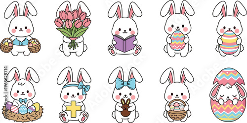 Cartoon-style Easter bunny illustrations with eggs, flowers, chocolate, tulips, baskets, religious symbols, festive activities, and holiday decoration elements